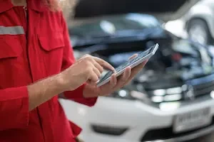person holding a tablet in front of a white car with hood open.