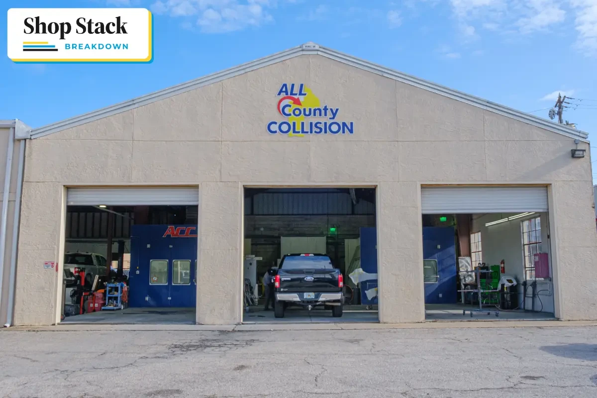 outside of a white collision repair shop