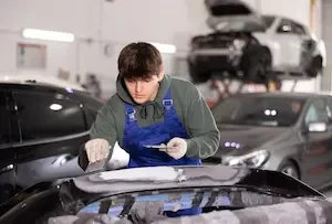 young auto technician working on a car