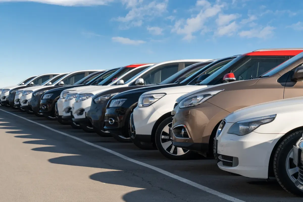 A line of cars in a lot