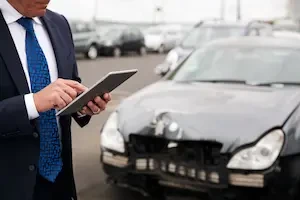 person with a tablet in front of a damaged car