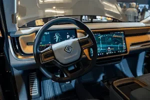 steering wheel inside a Rivian R2