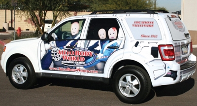 Some wraps include window wraps, like with this one for Auto Body World in Erie, PA.