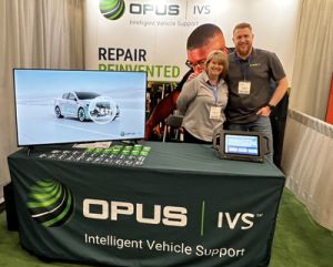 Alicia Fairall, left, and Eric Bromly, right, at the Opus IVS booth.