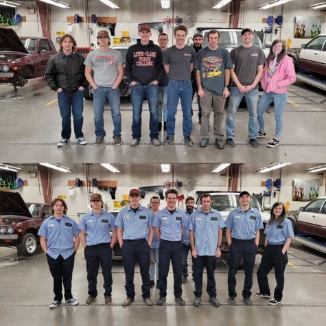Students at Lewis-Clark State College in Idaho, before and after receiving Cintas uniforms.
