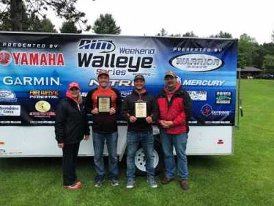 Dylan Maki and his fishing partner, Joe Bricko, finished third in the 2018 AIM National Championship Shootout on June 1--2 on Chippewa Flowage, WI. Here, the pair poses with Dylan’s parents, Kelly (far left) and Brian (far right).  	