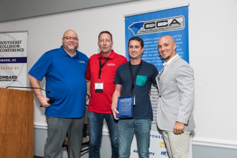Pictured, left to right, are Josh Kent, executive director of CCA, GSCA and TCRA; Chris Hedrick, general manager of Statesville Collision Center, named “Most improved shop of North Carolina;&quot; Marc John, from Statesville Collision Center, who was named Technician of the Year; and Kyle Bradshaw, president of CCA and director of Fixed Operations at K&amp;M Collision.