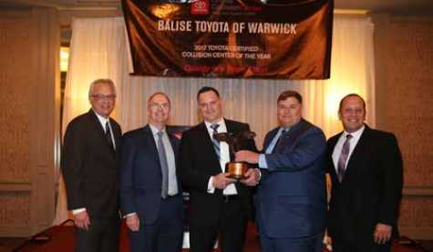 (left to right) Dave Pyle, Wholesale &amp; Collision Development Toyota Motor North America; James E. Balise Jr., Owner, president, and CEO of Balise Collision; Brian Stone, Rhode Island Collision Director; George Irving, National Manager Wholesale Parts &amp; Certified Collision Toyota Motor North America; and David Fontanella, Toyota Customer Service Operations Manager, Boston Region.