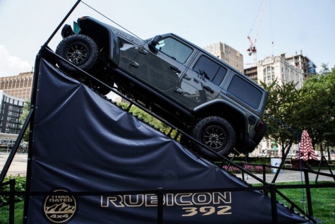 A Jeep Wrangler Rubicon on display Aug. 5 at Grand Circus Park during the Motor City Car Crawl in Detroit.
