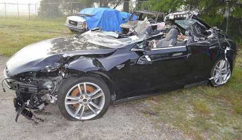 The Tesla Model S following its recovery from the crash scene near Williston, FL.