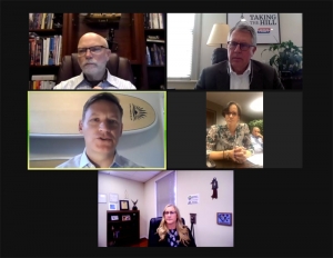 A virtual panel discussion on OEM repair procedure legislation included, clockwise from top left, Darrell Amberson, ASA’s Bob Redding, Jina Petrarca-Karampetsos, Sandy Blalock and Wayne Weikel.