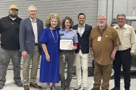 Celebrating at the award presentation are Quinn Francis and Dr. Jim Barrott, Chattanooga State; Leslie Halling with her daughter, Kenadie Halling, Regent Weston Wamp, Tim Chastain and Jimmy Jones, Chattanooga State.