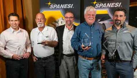 2018 Spanesi Distributor Award Winners  (Pictured Left to Right)  Kevin Lombard of Lombard Equipment, Steve Smith of Automotive Collision Equipment of Florida, Timothy W. Morgan, COO of Spanesi Americas, Inc., Dave Hardester of Capital Collision Equipment, and Anthony Iaboni of Collision 360, Inc. (Not pictured, Nick Mattera and Todd Witten of Innovative Solutions and Technology and Paul French of Tri-State Collision Equipment)