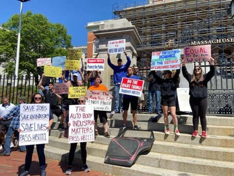 Protesters gather May 18 on the steps of the Massachusetts State House.