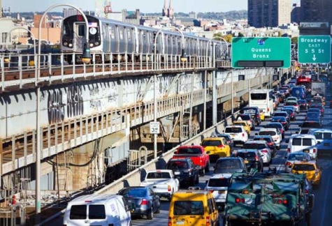 Heavy traffic backs up on the Williamsburg Bridge during rush hour in New York City in 2016. The bridge connects Lower Manhattan with the borough of Brooklyn.