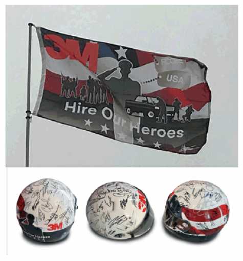 A 3M Hire Our Heroes flag designed by Chip Foose, and authentic racing helmets, signed by NASCAR drivers, are some of the prizes offered in the 3M Hire Our Heroes “Show Your Support” program.