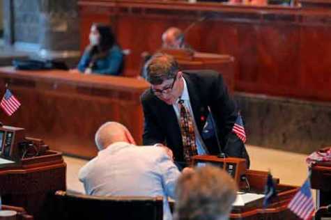State Sen. Kirk Talbot, R-River Ridge, talks with Sen. Jay Morris, R-Monroes, as the Senate convenes May 4 in the Senate chamber in Baton Rouge, LA. 