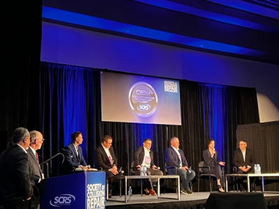 Representatives from GM, Lucid Motors and Rivian spoke at the SCRS OEM Collision Repair Technology Summit. Pictured, left to right, are Kye Yeung, European Motor Car Works; Ron Reichen, Precision Body &amp; Paint; Dan Black and Kelly Logan, Rivian; Andrew Hall and Andy MacDonald, Lucid Motors; and Jennifer Goforth and John Eck, GM.